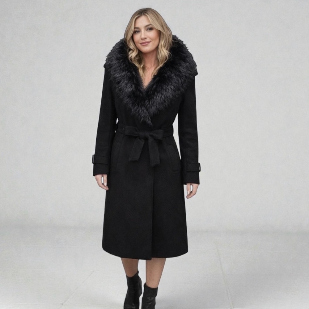 Nordstrom Black Belted Trench Coat with Faux-Fur Collar